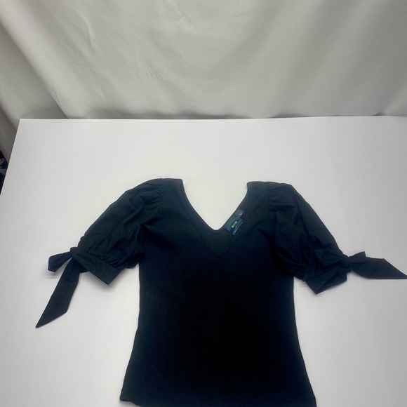 Anthropologie Maeve Women’s Black Puff Sleeve Blouse SM Double V Neck - Picture 2 of 13